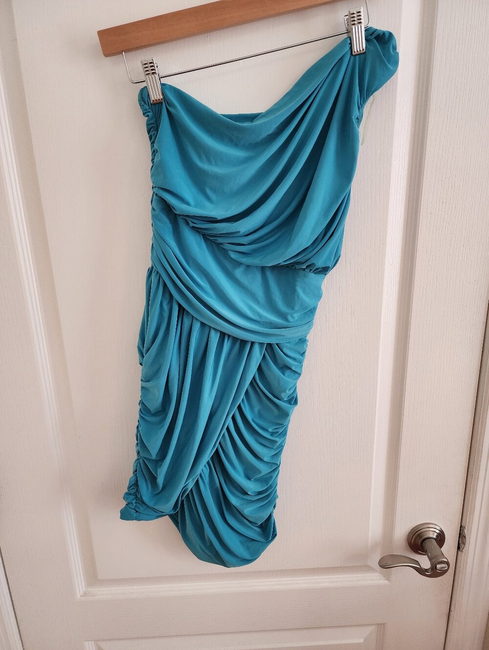 Soprano Teal One Shoulder Dress | Ruched Cocktail Party Bodycon Mini Size Small